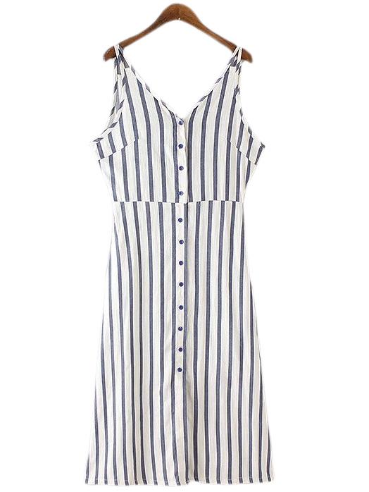 Romwe Blue White Stripe Buttons Front Spaghetti Strap Dress