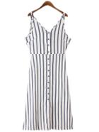 Romwe Blue White Stripe Buttons Front Spaghetti Strap Dress