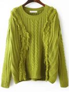 Romwe Cable Knit Fringe Green Sweater
