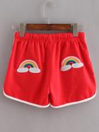 Romwe Contrast Trim Rainbow Embroidered Shorts - Red
