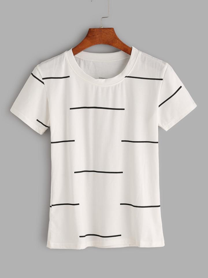 Romwe White Striped Print T-shirt