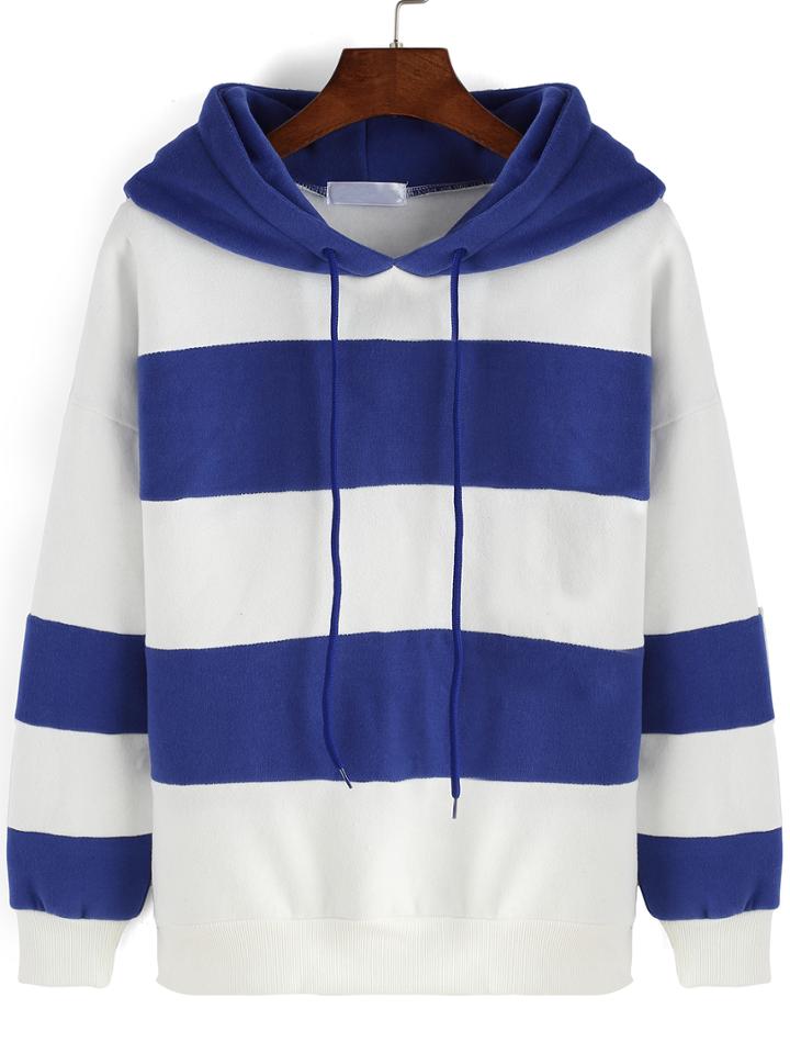 Romwe Women Hooded Drawstring Striped Sweatshirt
