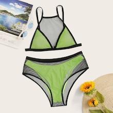 Romwe Neon Lime Fishnet Overlay Bikini Set 3pack