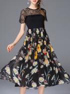Romwe Black Contrast Lace Print A-line Dress