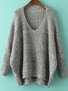 Romwe Grey V Neck Batwing Sleeve Dip Hem Oversized Sweater