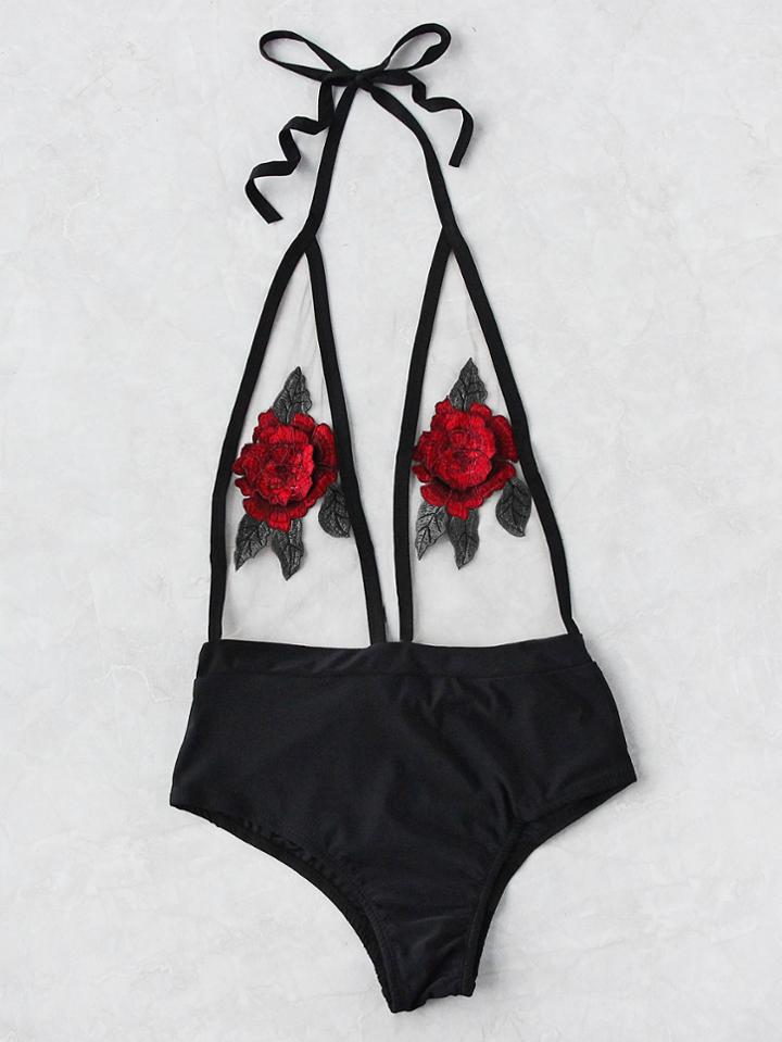 Romwe Rose Applique Halter Mesh Monokini