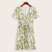 Romwe Plants Print Belted V-neck Dress