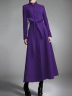 Romwe Stand Collar Buttons Belt Long Purple Coat