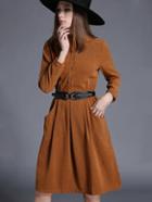 Romwe Camel Collar Long Sleeve Drawstring Pockets Dress