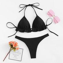 Romwe Self Tie Triangle Halter Top With High Leg Bikini