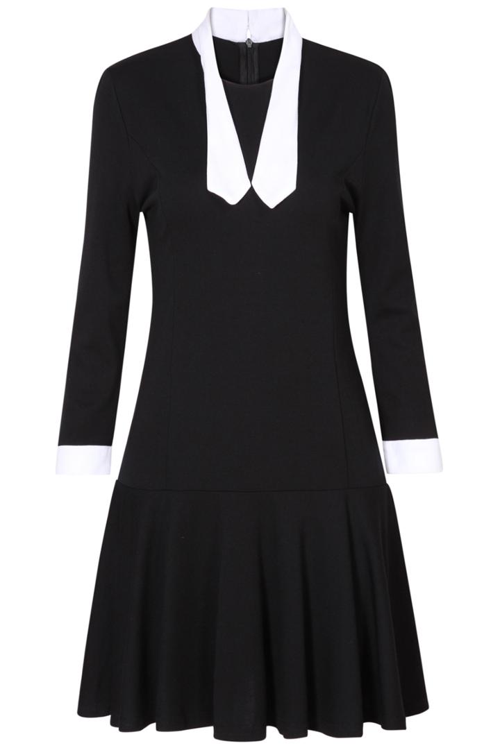 Romwe Tie Collar With Zipper Pleated Dress