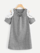 Romwe Lace Up Open Shoulder Striped Dress