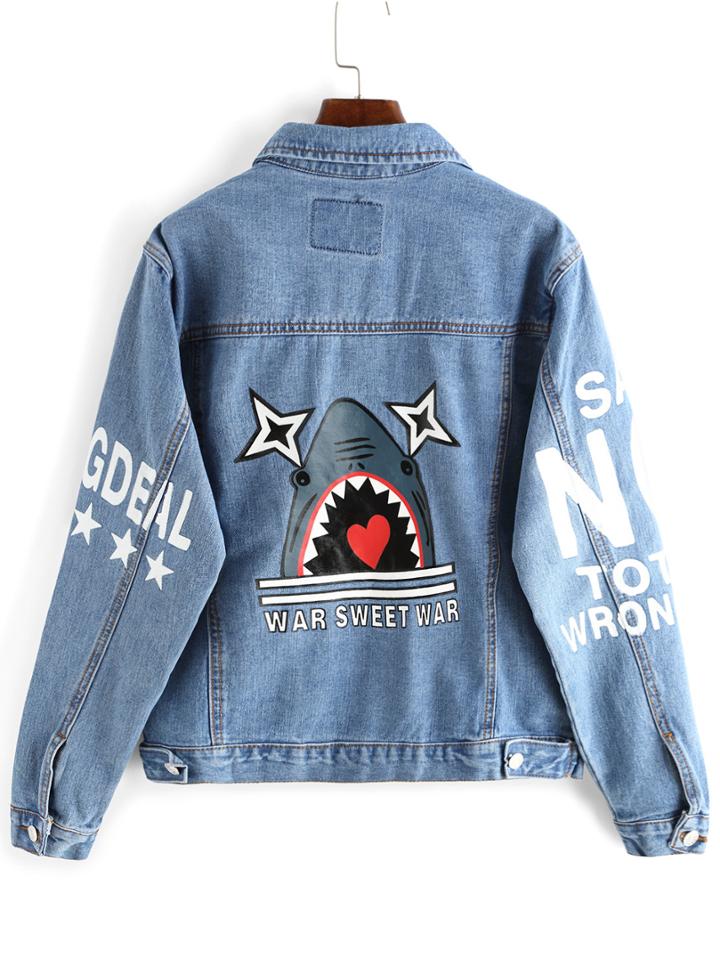 Romwe Lapel Shark Print Pockets Buttons Denim Coat
