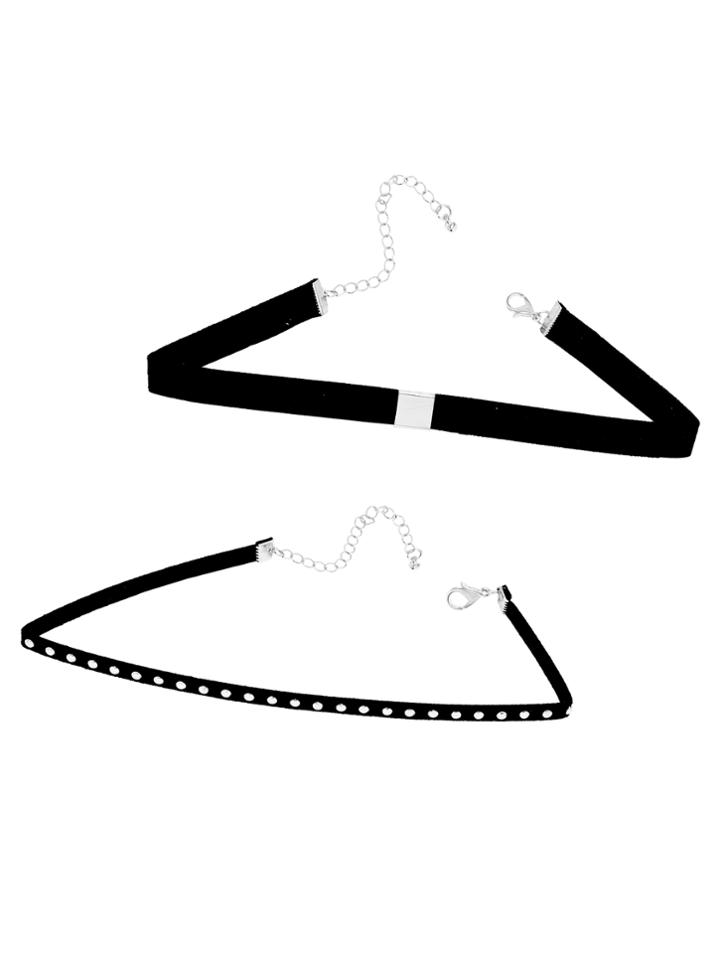 Romwe Black Band Silver Metal Studded Choker Necklace Set