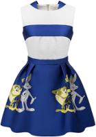 Romwe Blue White Sleeveless Cartoon Print Flare Dress