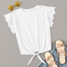 Romwe Eyelet Embroidery Knot Hem Tee
