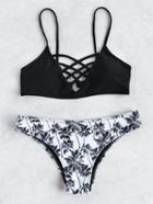 Romwe Palm Tree Print Crisscross Bikini Set