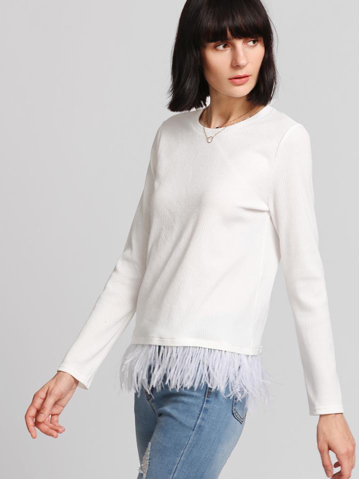Romwe Contrast Fringe Hem Ribbed Knit Tee