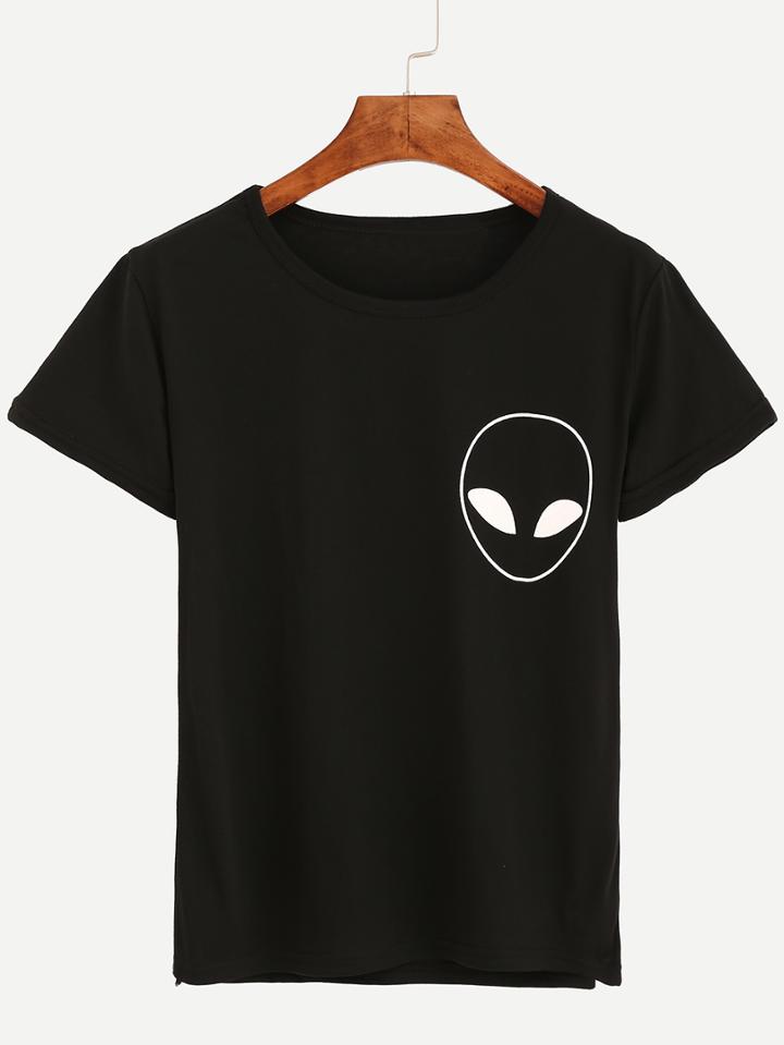 Romwe Alien Print T-shirt - Black