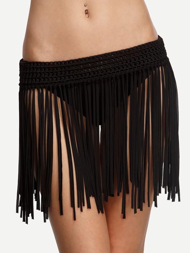 Romwe Crochet Waist Fringe Beach Skirt