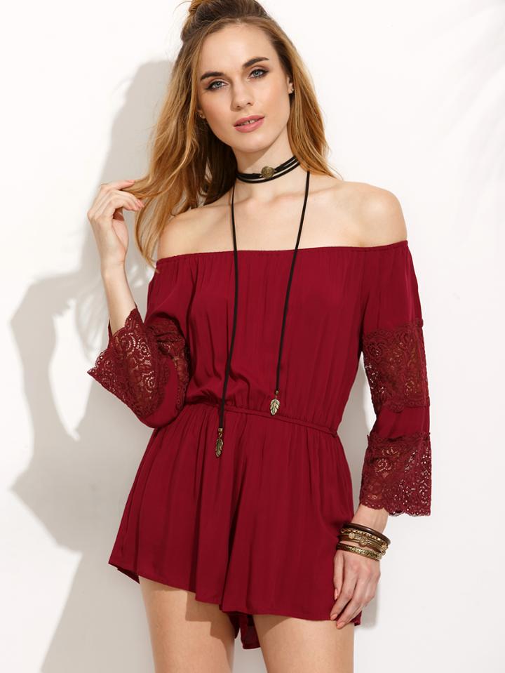Romwe Burgundy Lace Insert Off The Shoulder Romper
