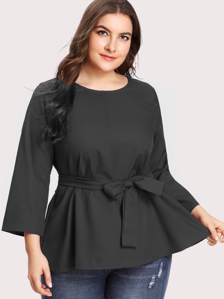 Romwe Self Tie Solid Blouse