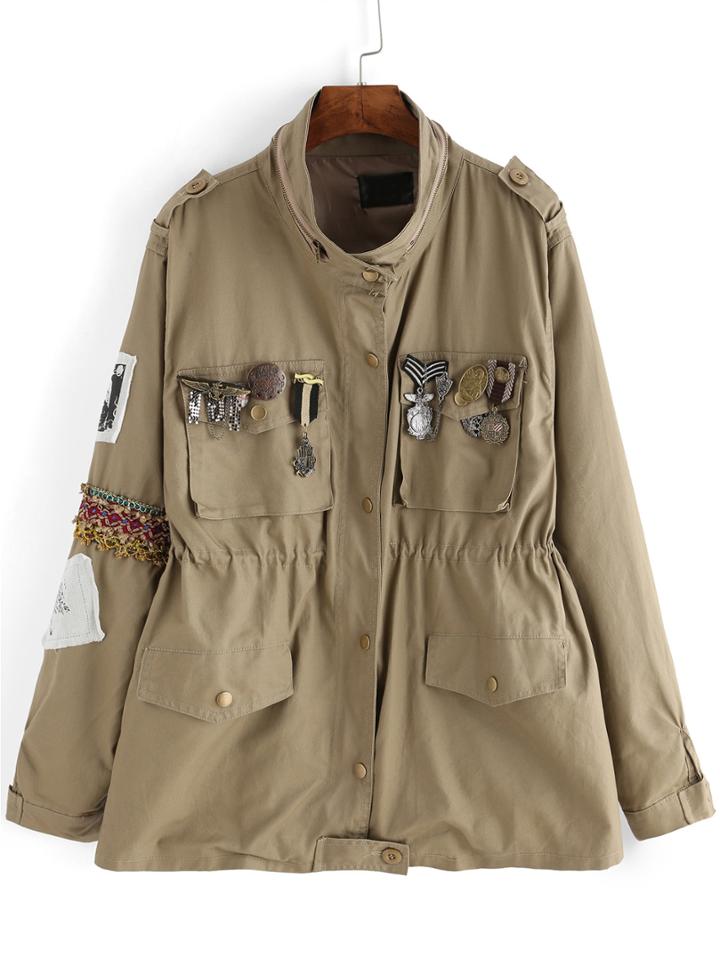 Romwe Stand Collar Patch Badges Boyfriend Coat
