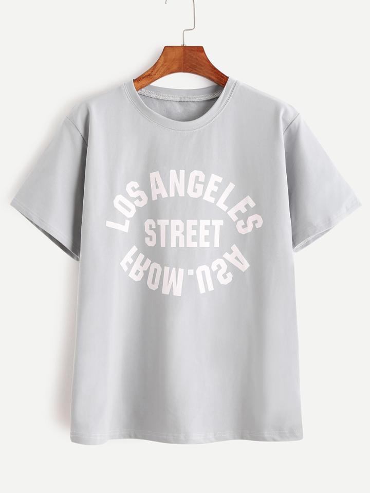 Romwe Pale Blue Letter Print T-shirt