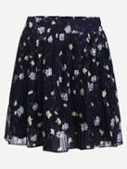 Romwe Flower Print Pleated Navy Chiffon Skirt