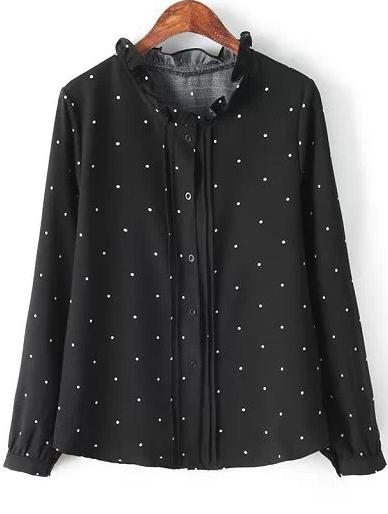 Romwe Fungus Collar Polka Dot With Buttons Black Blouse