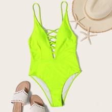 Romwe Neon Lime Criss Cross Plunging One Piece Swimsuit