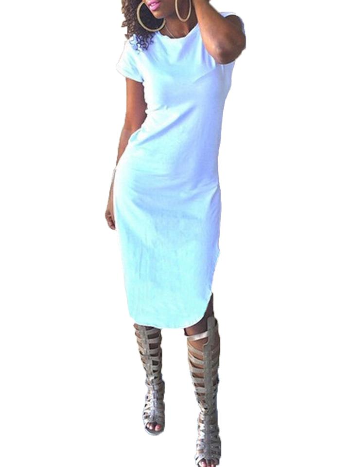 Romwe Short Sleeve Slit White Dress