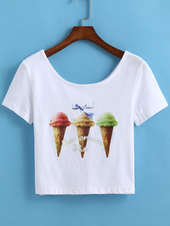 Romwe Ice Cream Print Crop White T-shirt