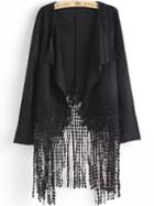 Romwe Lace Tassel Drape Front Suede Black Coat