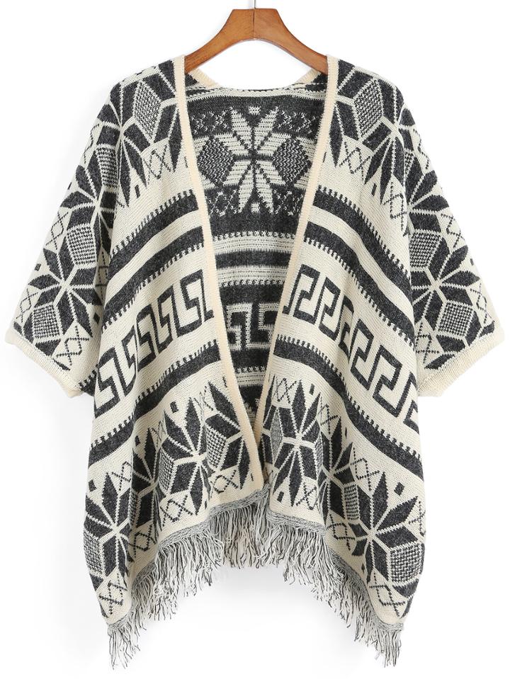 Romwe Snowflake Print Tassel Black Coat