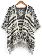 Romwe Snowflake Print Tassel Black Coat