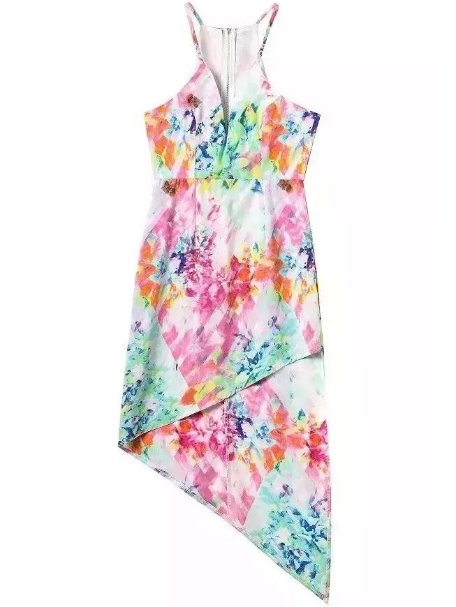 Romwe Deep V Neck Florals Asymmetrical Dress