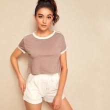 Romwe Striped Shoulder Crop Ringer Tee