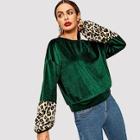 Romwe Leopard Panel Velvet Sweatshirt