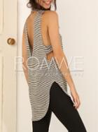 Romwe White Black Sleeveless Striped High Low Tank Top