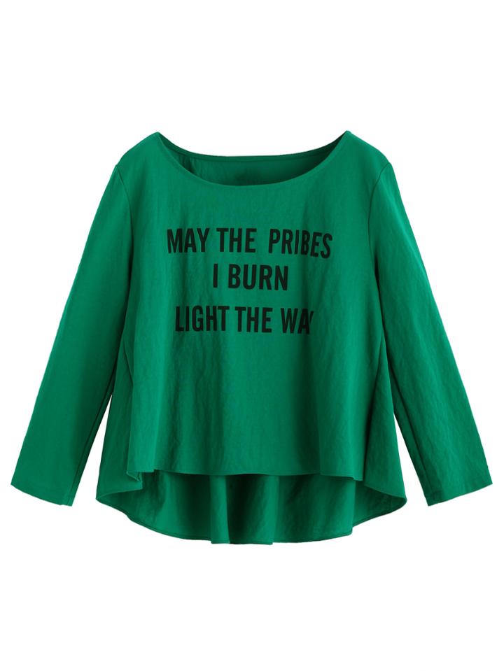 Romwe Green Letters Print Dip Hem T-shirt