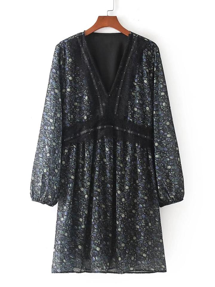 Romwe Lace Trim Calico Print Chiffon Dress