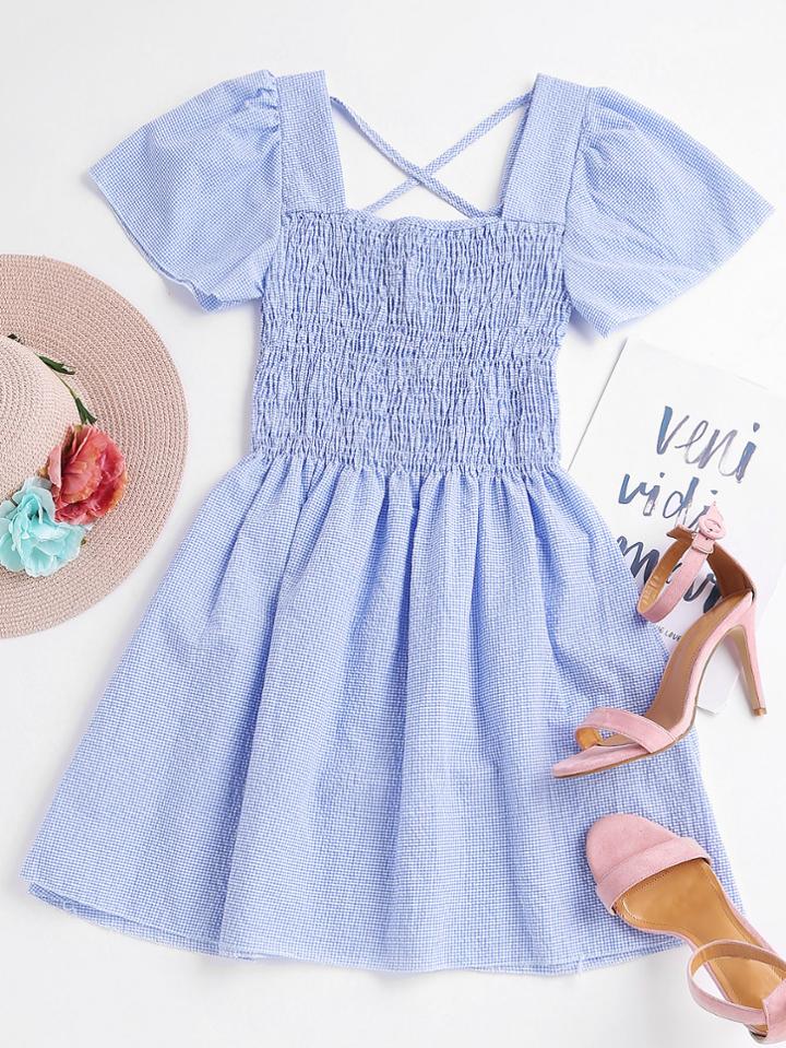 Romwe Gingham Print Shirred Criss Cross Back Swing Dress