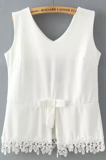Romwe V Neck Lace Hem White Tank Top