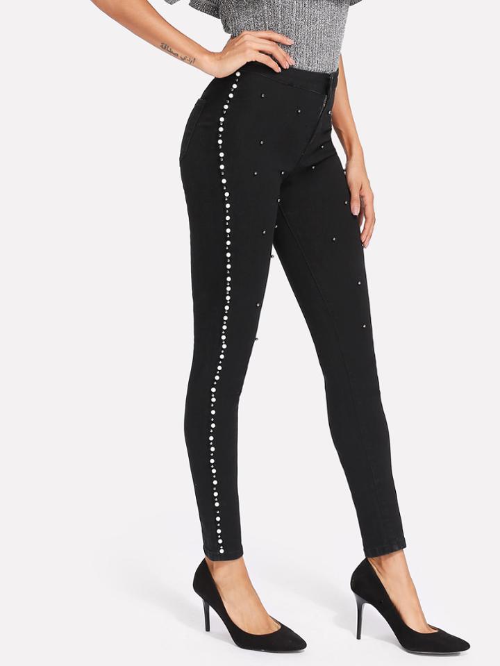 Romwe Faux Pearl Beaded Skinny Pants