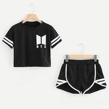 Romwe Letter Print Stripe Tape Panel Top With Shorts
