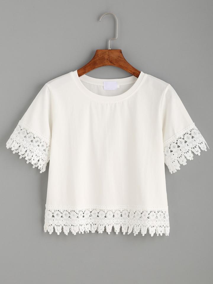 Romwe White Crochet Trim Crop T-shirt