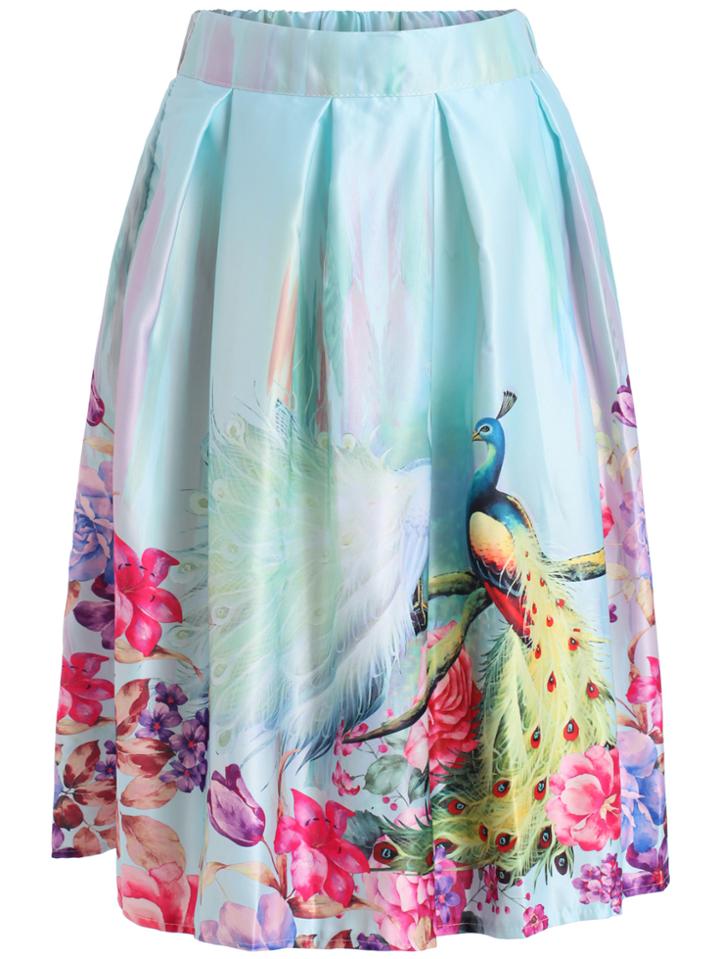 Romwe Elastic Waist Peacock Print Skirt