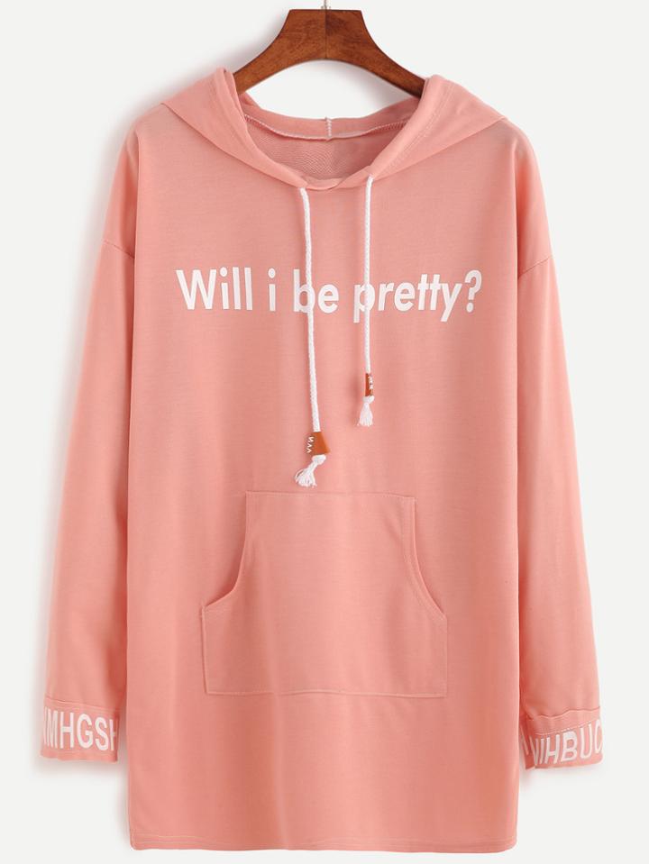 Romwe Pink Letter Print Pocket Front Hooded Sweatshirt