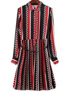 Romwe Multicolor Long Sleeve Stripe Print Lapel Dress With Belt